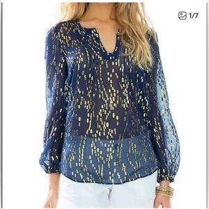 Lilly Pulitzer Navy Sheer Blouse with Gold Dot Print